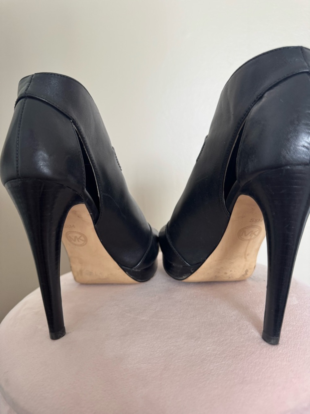Michael Kors Black Leather Peep-Toe Buckle High Heels - Picture 4 of 6